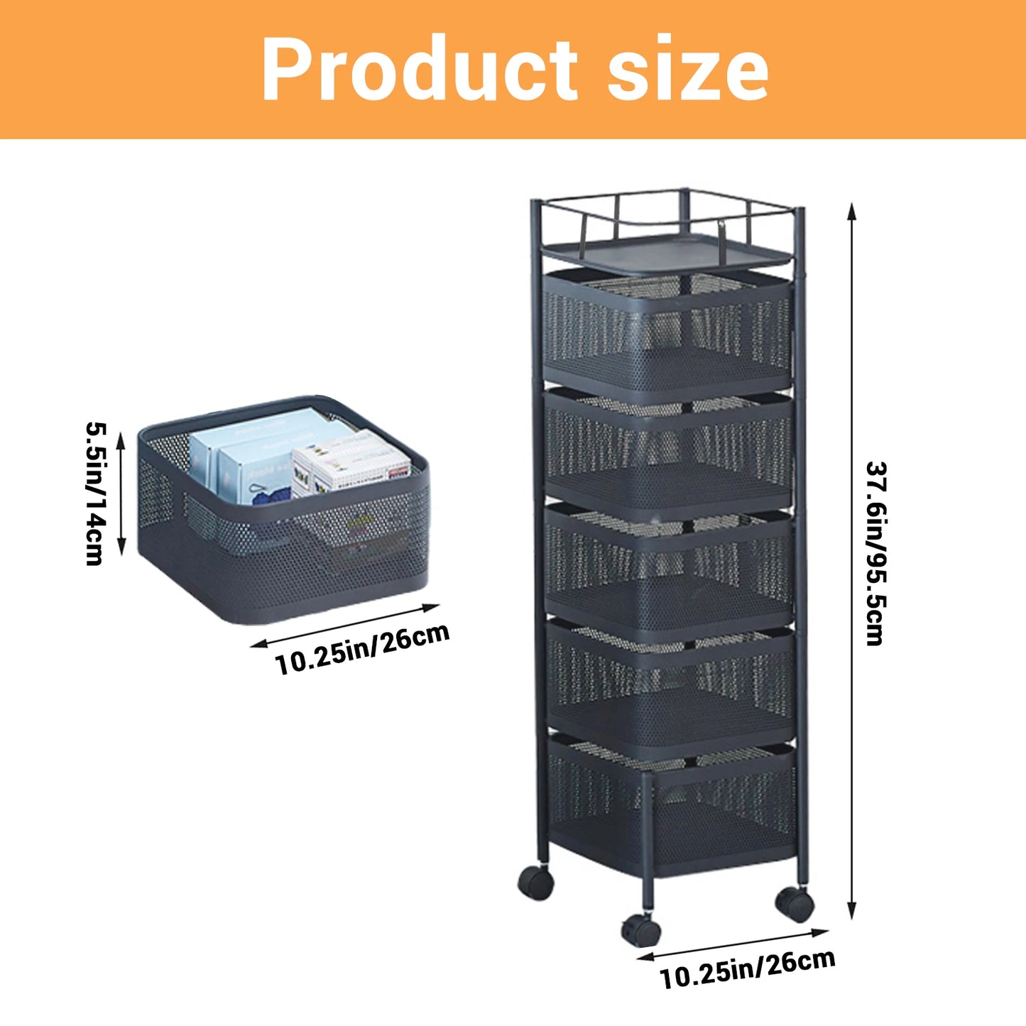 5-Tier Rotating Vegetable Storage Rack with Wheels, Metal Mesh Fruit Basket with Lid, Potato Onion Storage Organizer Cart for Kitchen,Pantry, Rolling Snack Cart for Office,Bedroom, No Assembly