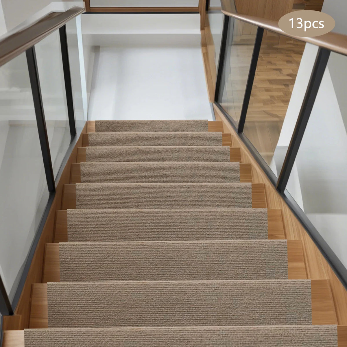 13-piece beige carpet stair treads set for stairs with non-slip protection