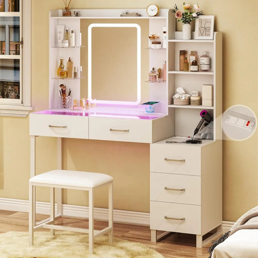 Glass Top Vanity Desk With LED Mirror And Wireless Charging by S And B Enterprise