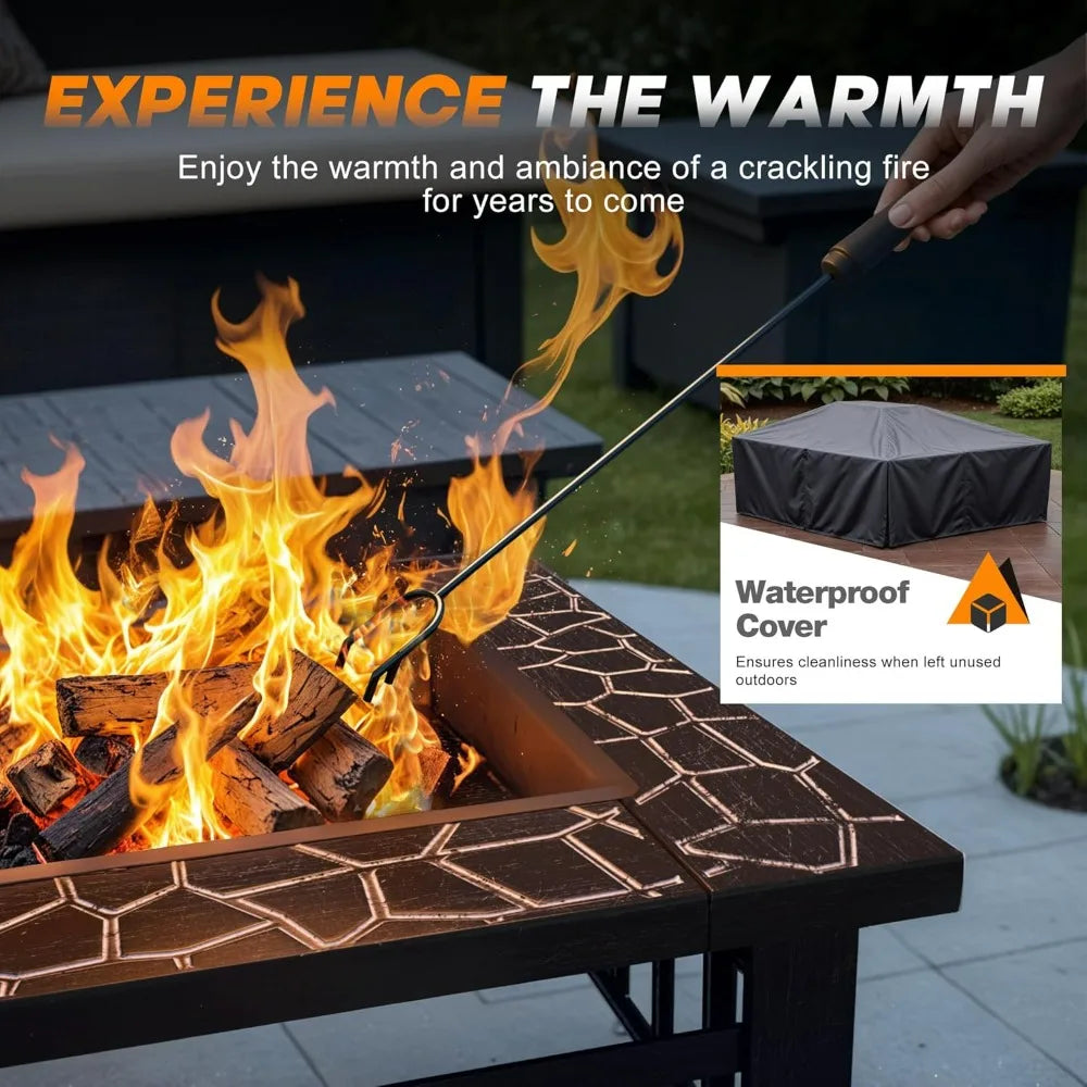 Devoko 32-inch outdoor silver metal fire pit table with flames on patio; includes waterproof cover.