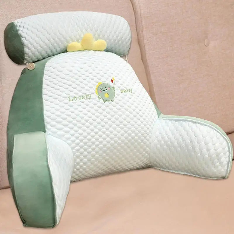 Backrest pillow with arms in mint green and white quilted fabric, embroidered frog cartoon