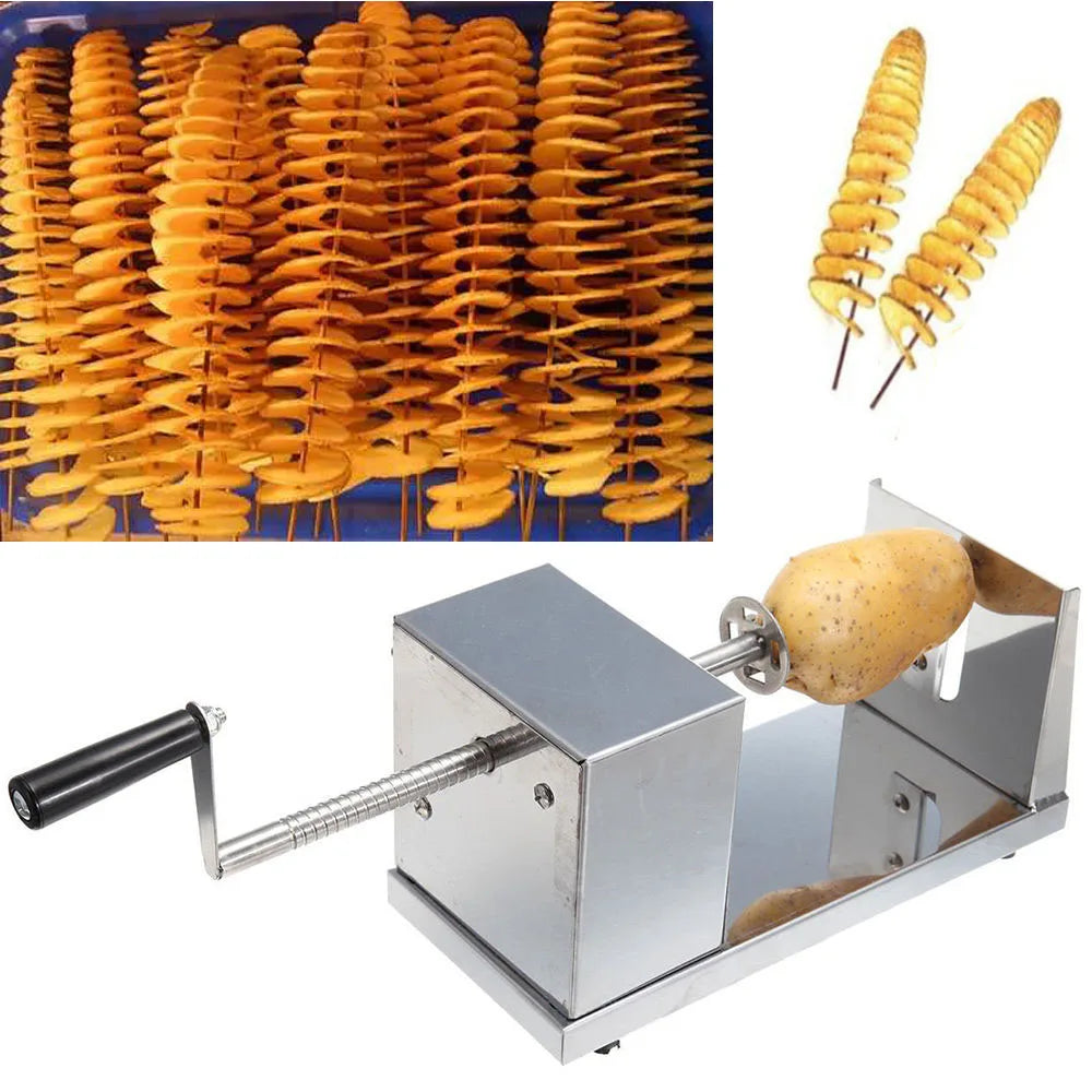 Stainless steel spiral potato chips maker by S And B Enterprise with hand-crank cutter and potatoes on skewers