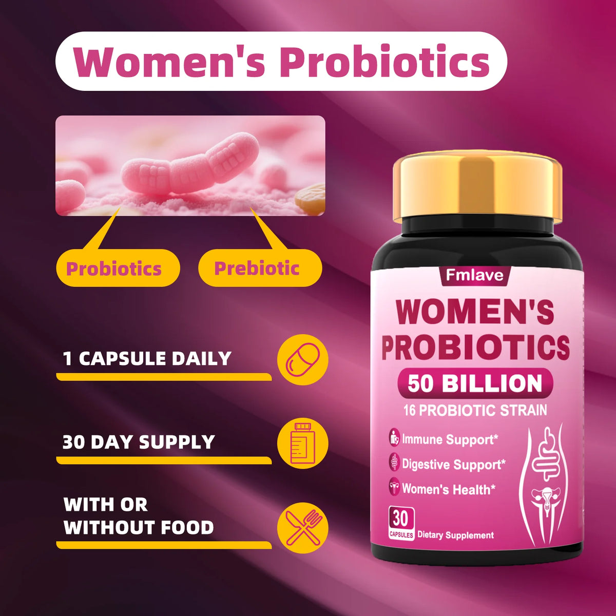 Fmlave Women's Probiotic bottle with pink label, 50 Billion CFU, 16 probiotic strains, 30 capsules