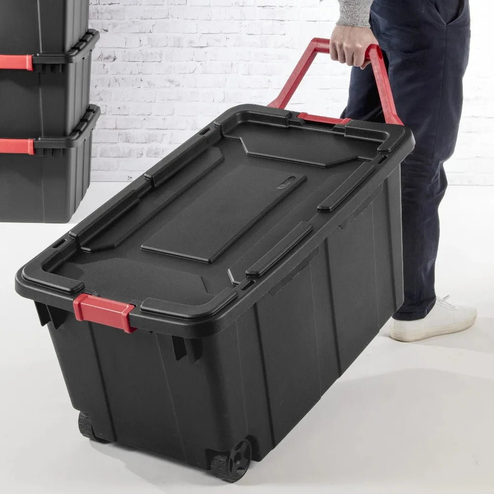 Sterilite 40-gallon wheeled storage bin, black plastic with red handles, pack of 2