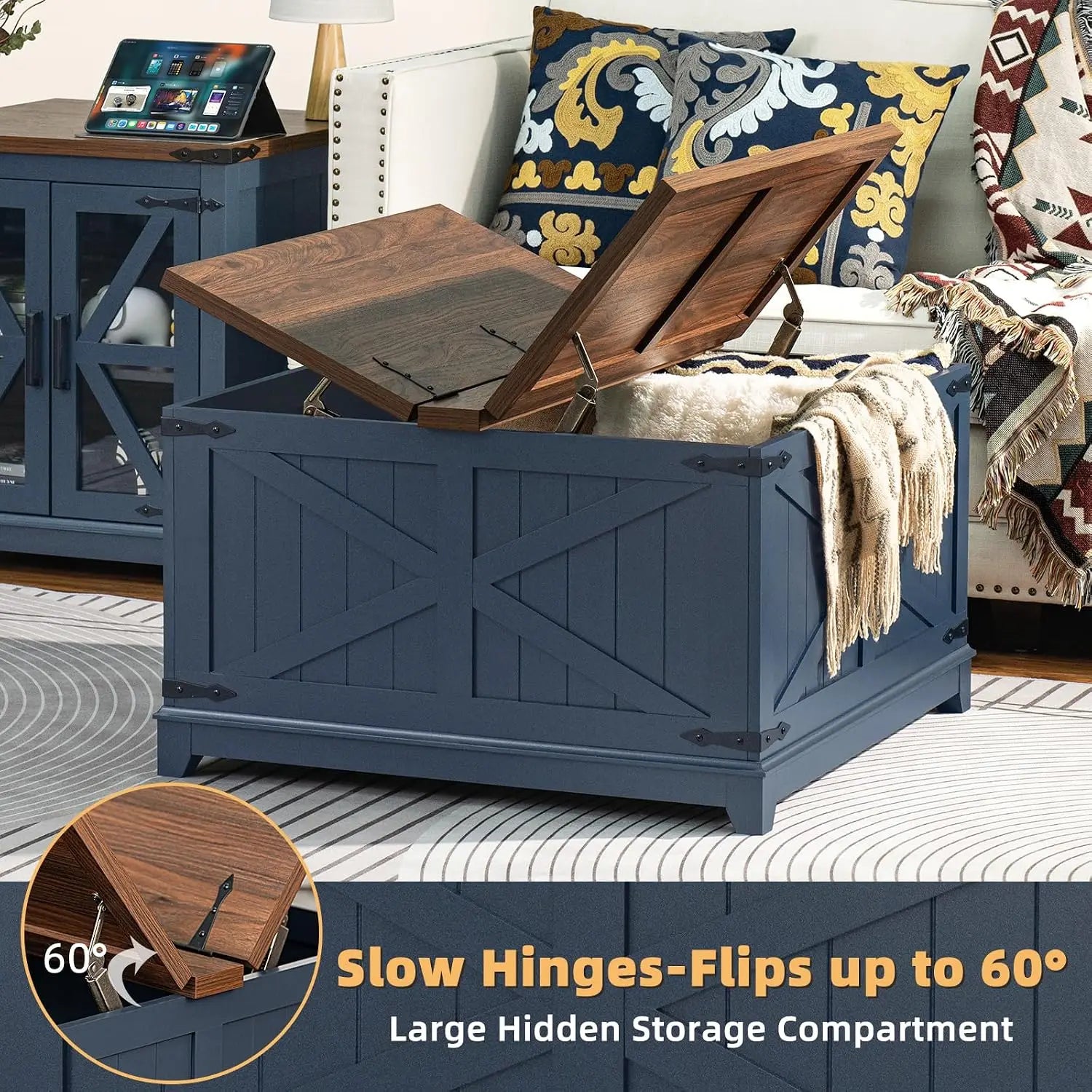 Farmhouse Coffee Table Set of 3 with Glass Barn Door Storage & Hidden Organizer for Living Room & Office, Blue, Custom by S And B Enterprise
