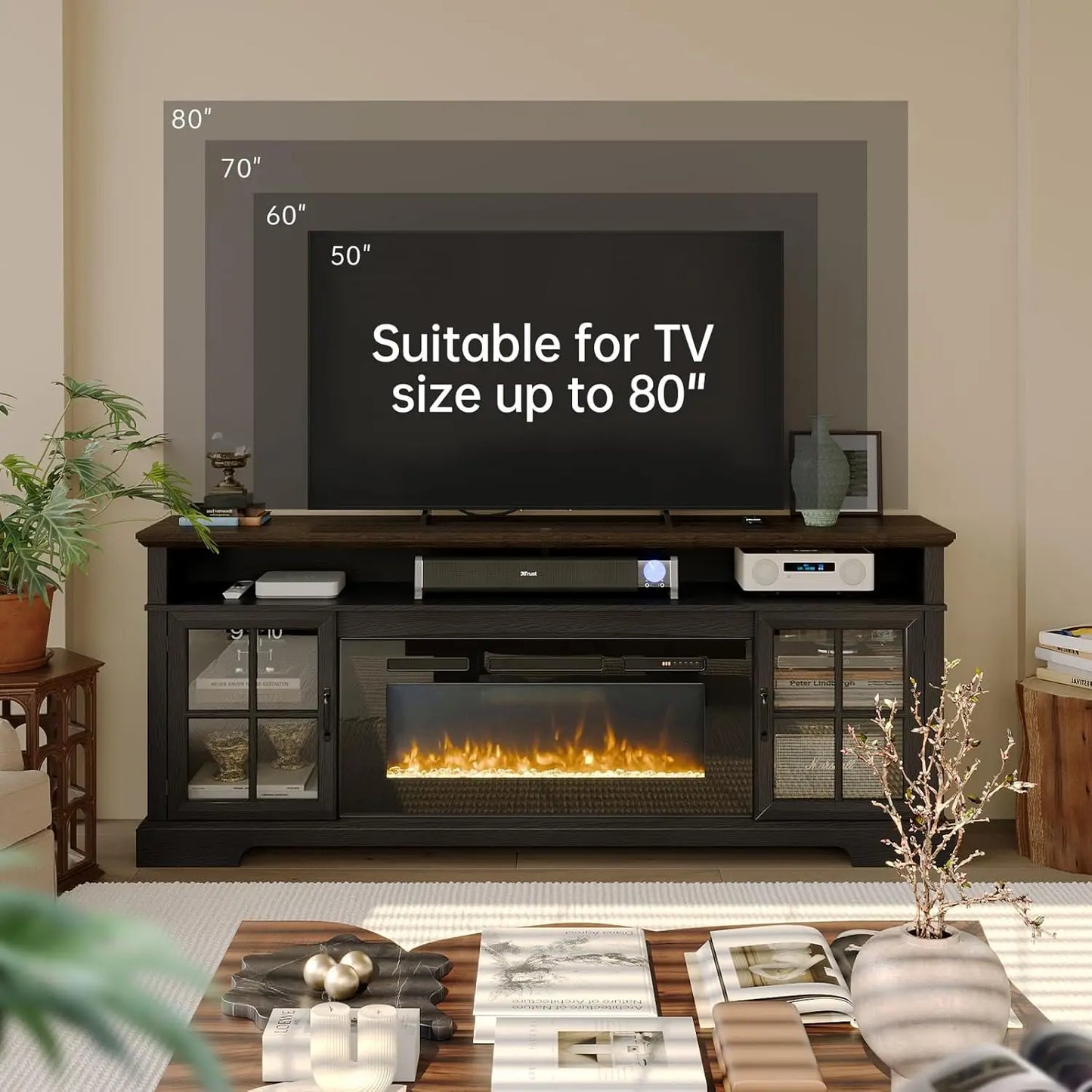 Fireplace TV Stand Farmhouse Entertainment Center With Storage Cabinets