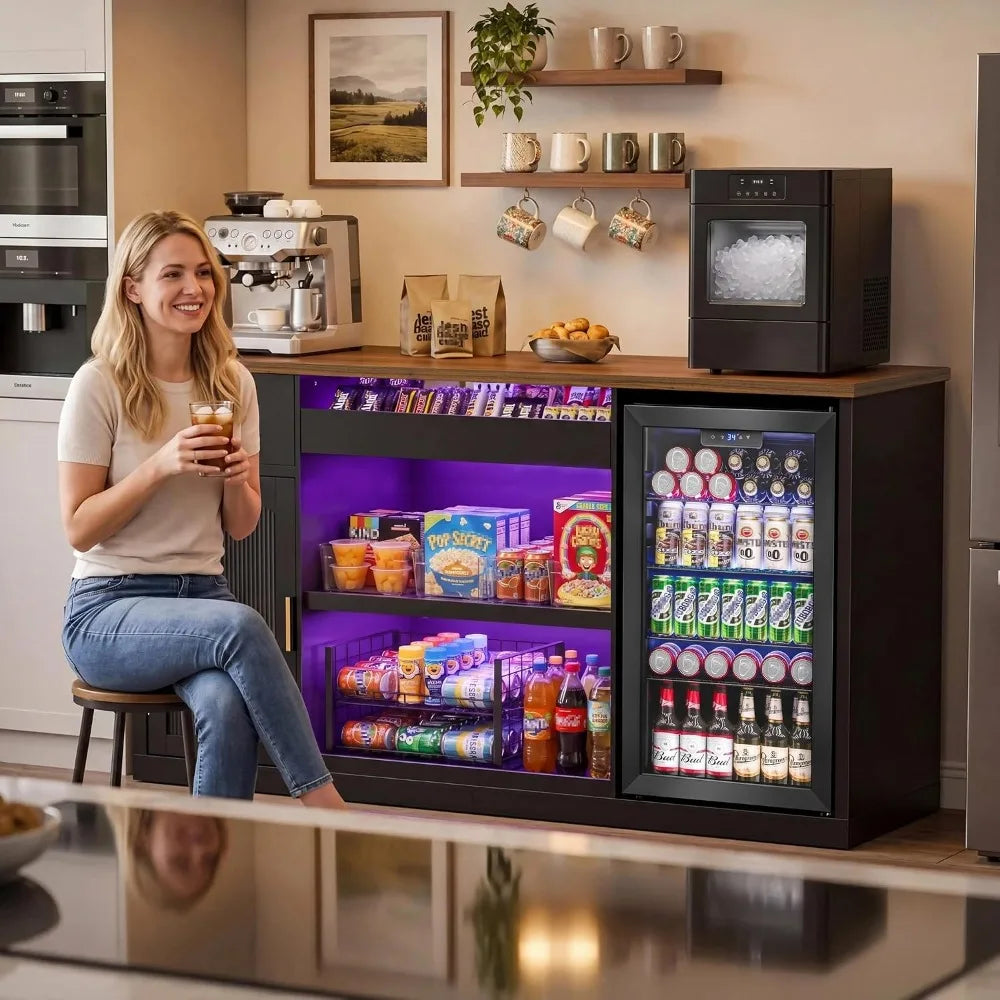 GDLF 70.1 Snack Bar Cabinet in black with built-in mini fridge, purple LED lighting, and open snack shelves