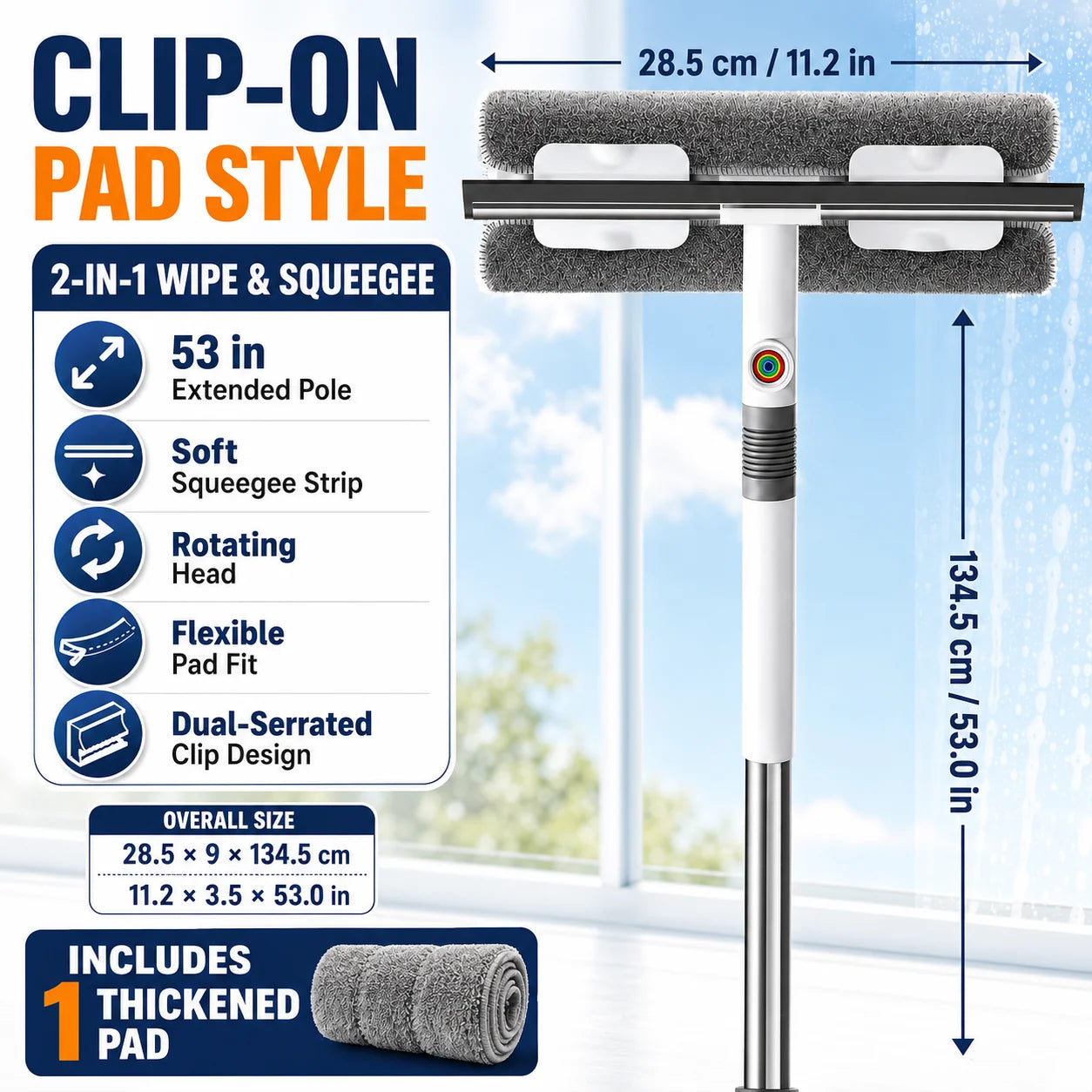 Joybos 2-in-1 window squeegee with 53 in extendable pole, microfiber pad, and rotating head
