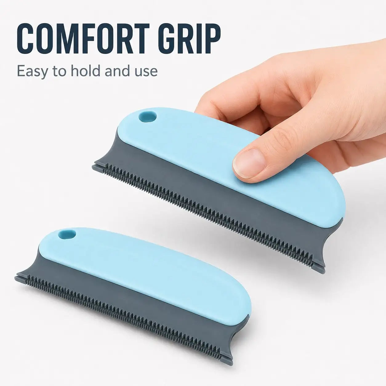 2-pack pet hair remover brushes with blue handles and gray teeth for cleaning cars, furniture, and clothes
