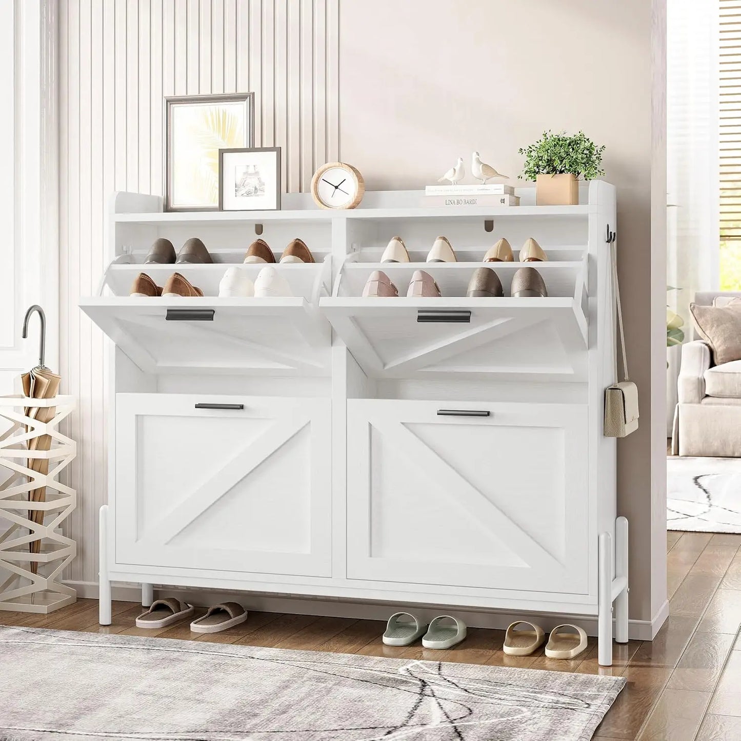 Farmhouse Shoe Storage Cabinet With Four Flip Drawers