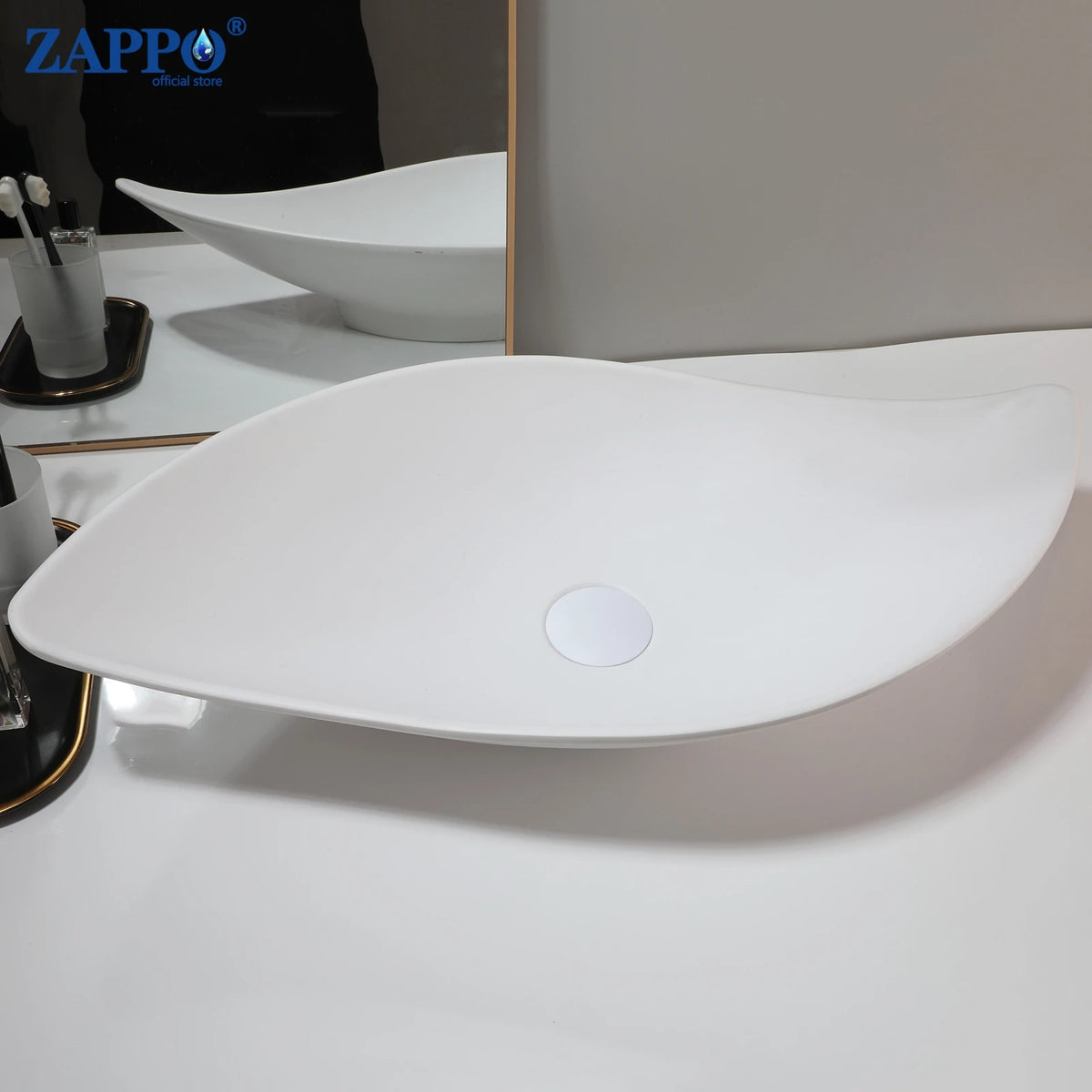 ZAPPO bathroom vessel sink with drain; white round above-counter stone resin washbasin