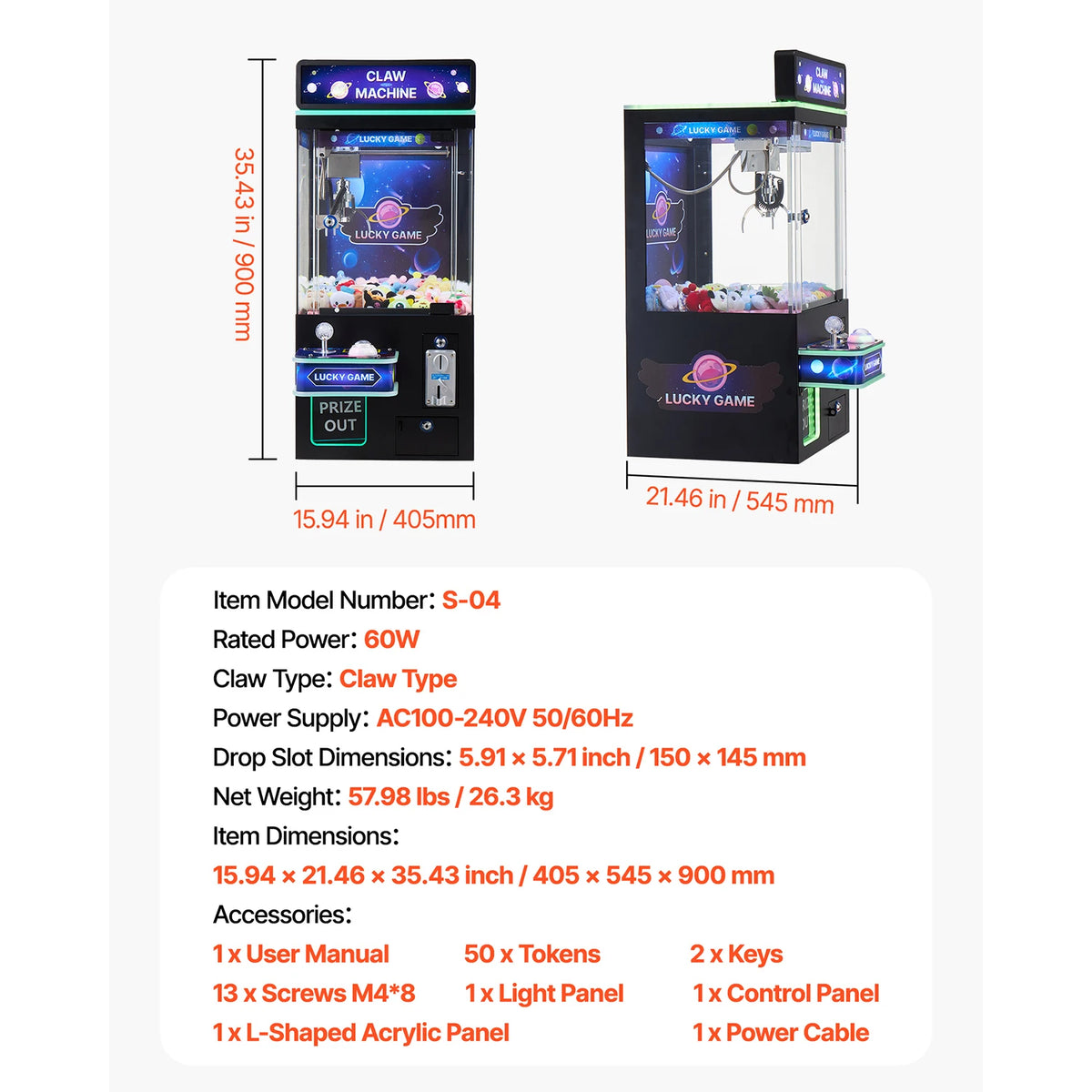 Claw crane machine with black cabinet, glass front and Lucky Game signage, plush prizes inside