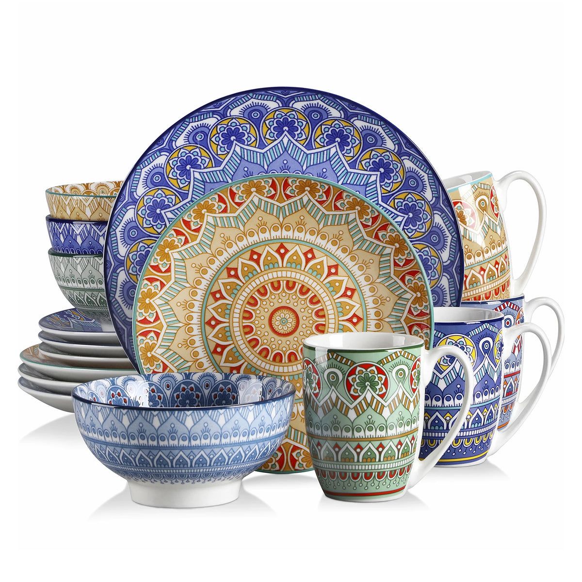 Vancasso ceramic dinnerware set with Bohemian mandala pattern; 16/32/48-piece includes plates, bowls, mugs