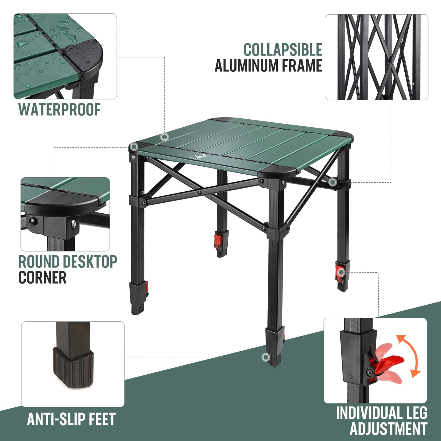 VILLEY Folding Square Camping Table With Carry Bag Adjustable Aluminum