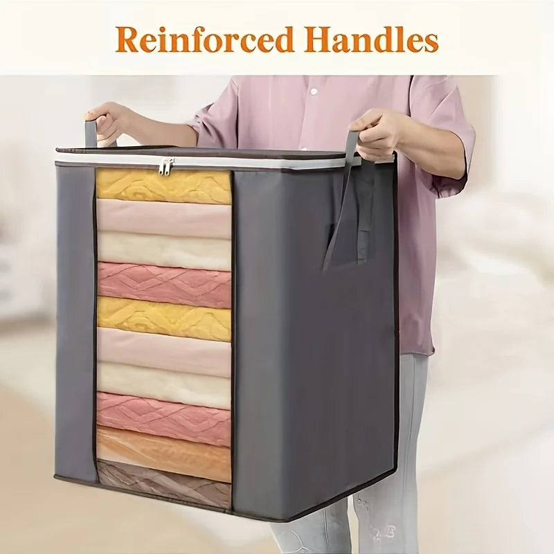 Clothes storage bag, gray 120L extra-large with reinforced handles for foldable quilts