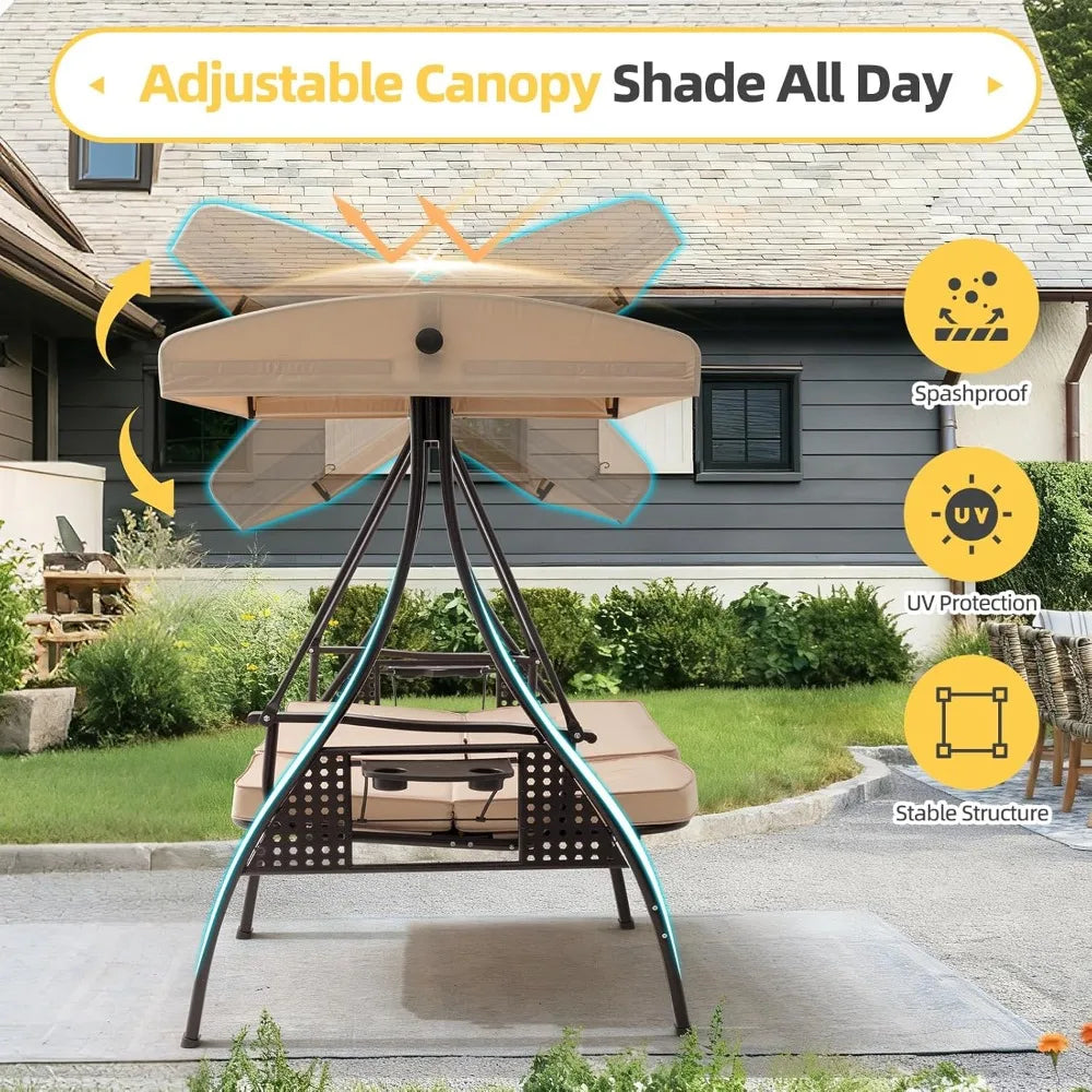3 Seat Outdoor Porch Patio Swing with Adjustable Canopy& 7-Level Side Seat,Outdoor Swing for Adults,3 in 1, Customized by S And B Enterprise