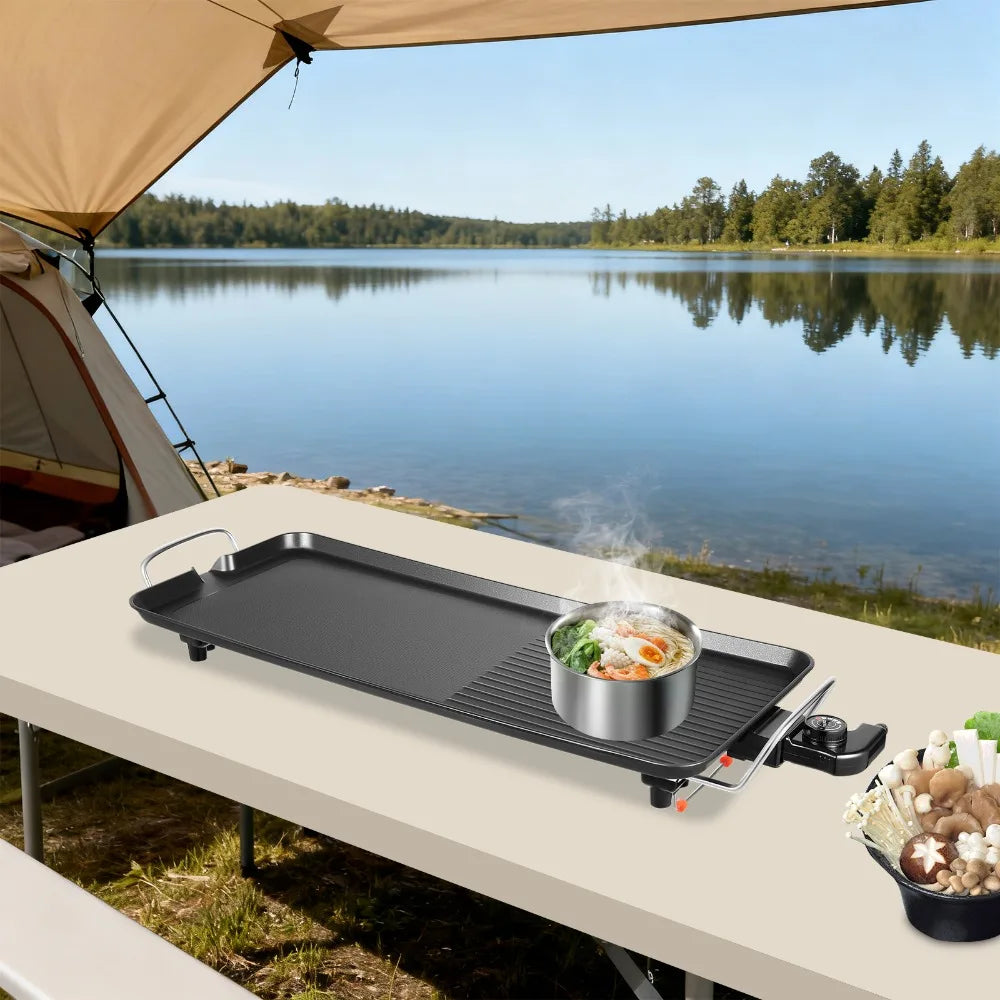 Electric griddle grill by S And B Enterprise, 68x28cm, 1500W, non-stick aluminum with 5 temp settings for outdoor use.