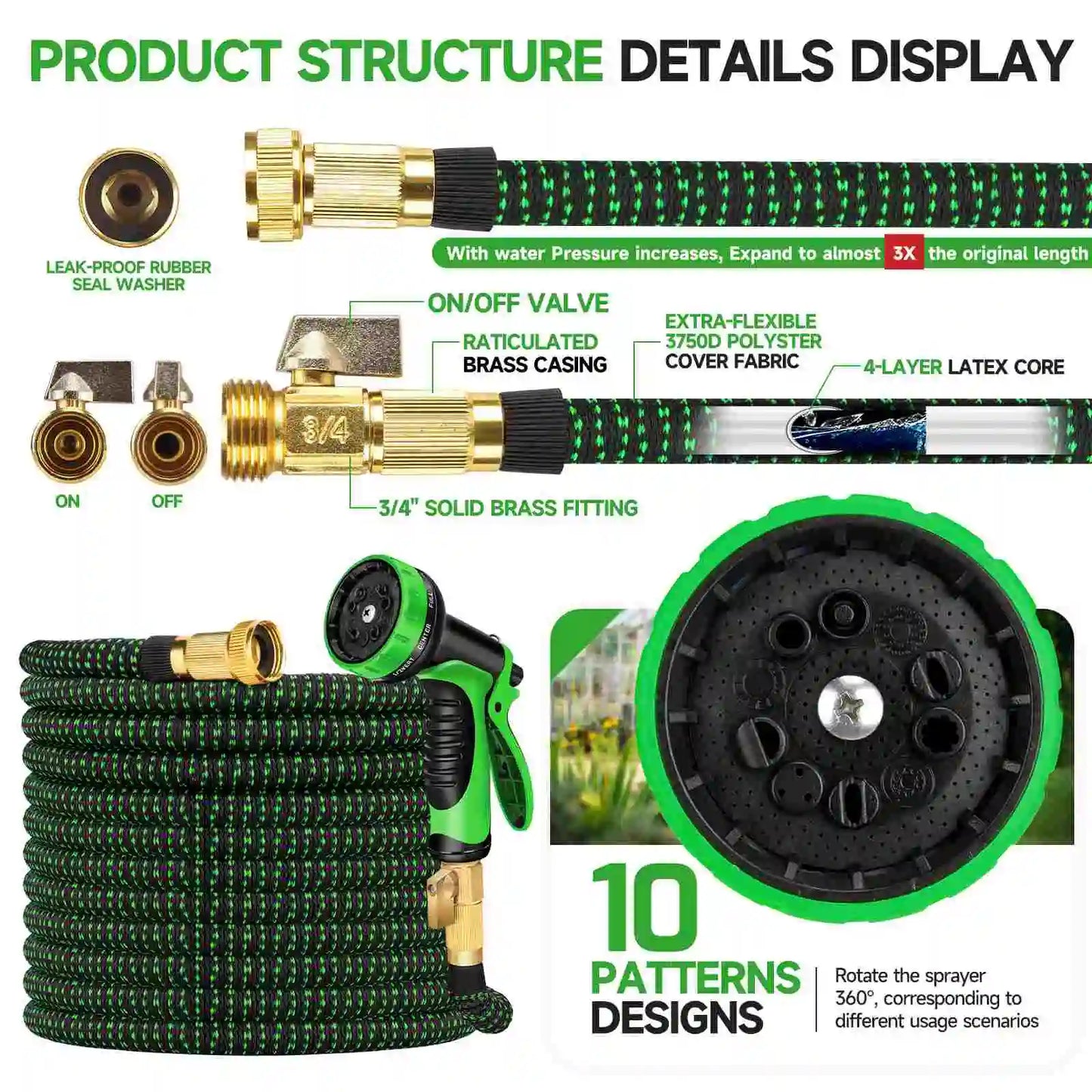 Expandable Water Hose With Ten Pattern Sprayer Nozzle For Garden