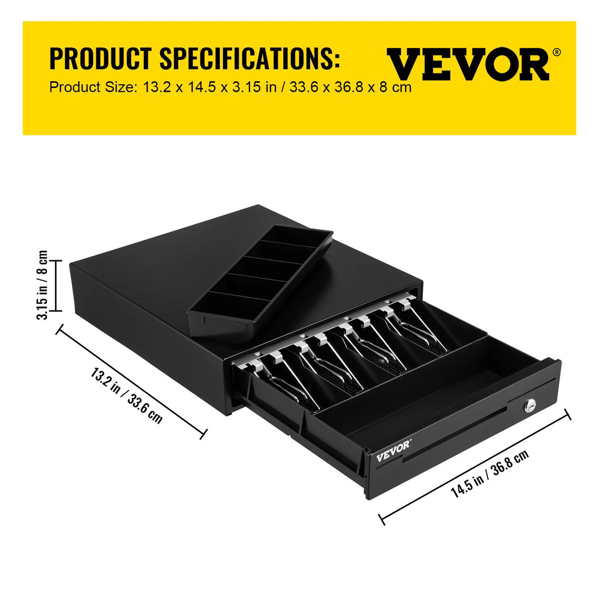 VEVOR black cash register drawer with removable top coin tray and 2 keys