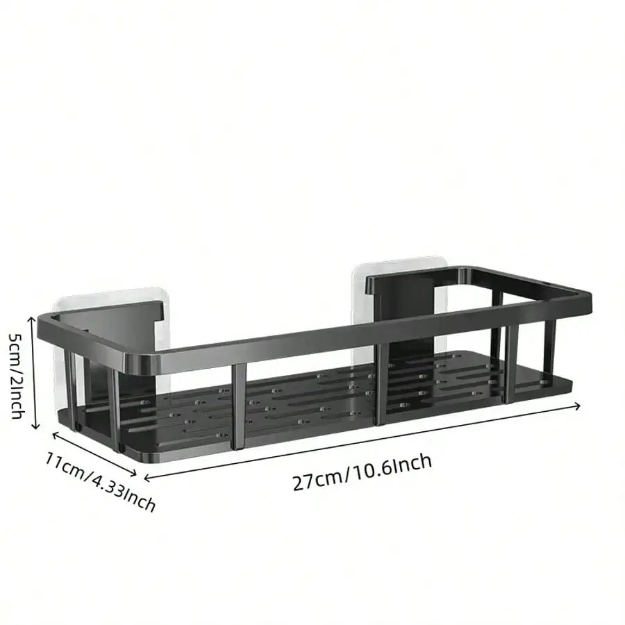 Wall-mounted bathroom storage shelf in black aluminum, no-drill design, 27cm long, 11cm deep, 5cm high.