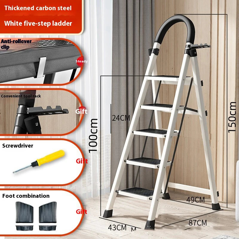 Adjustable zigzag folding ladder by S And B Enterprise, white with black steps, carbon steel, five-step