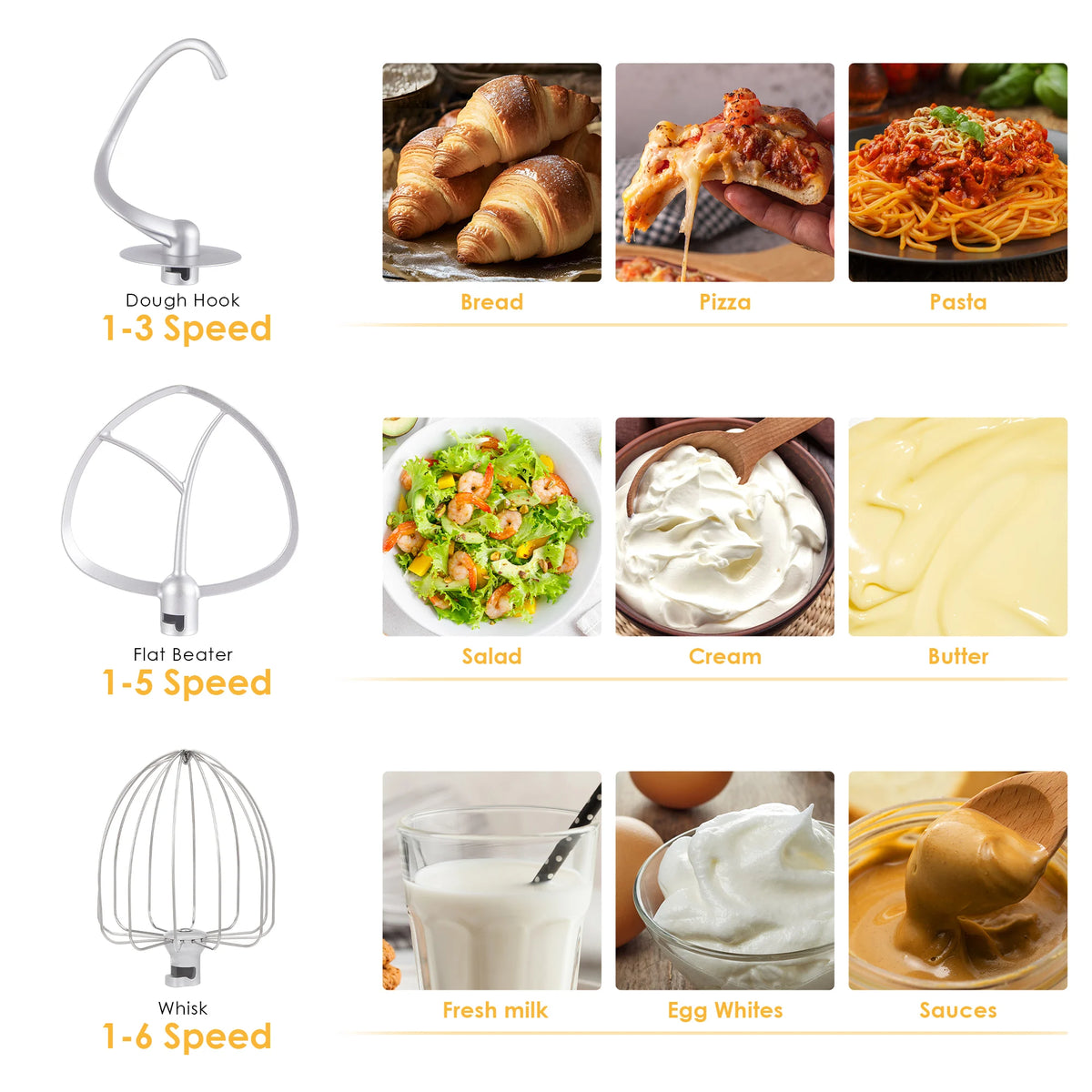 BioloMix white kitchen stand mixer with dough hook, flat beater and whisk attachments; 6-speed, 1200 W, 6 L capacity.