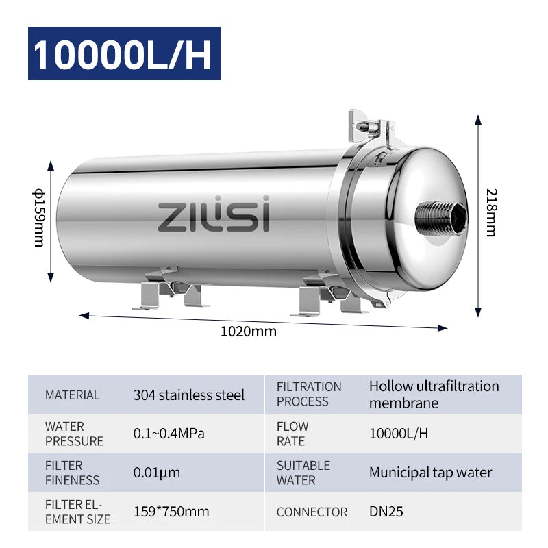 ZILISI stainless steel whole-house high-flow water purifier, 10000L/H, hollow UF membrane, DN25