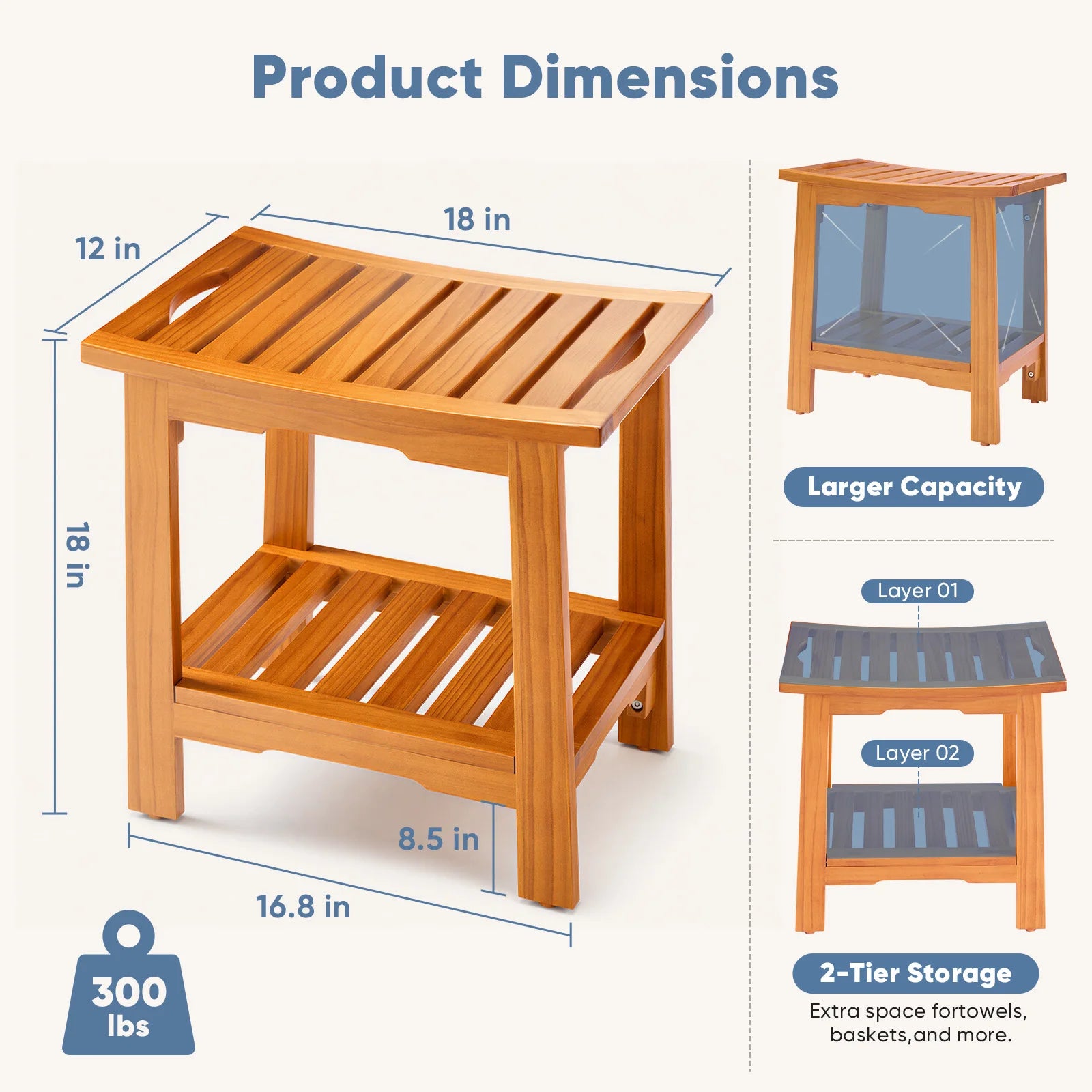 Wooden shower stool with storage shelf, slatted top, built-in side handles, natural finish, 300 lb capacity