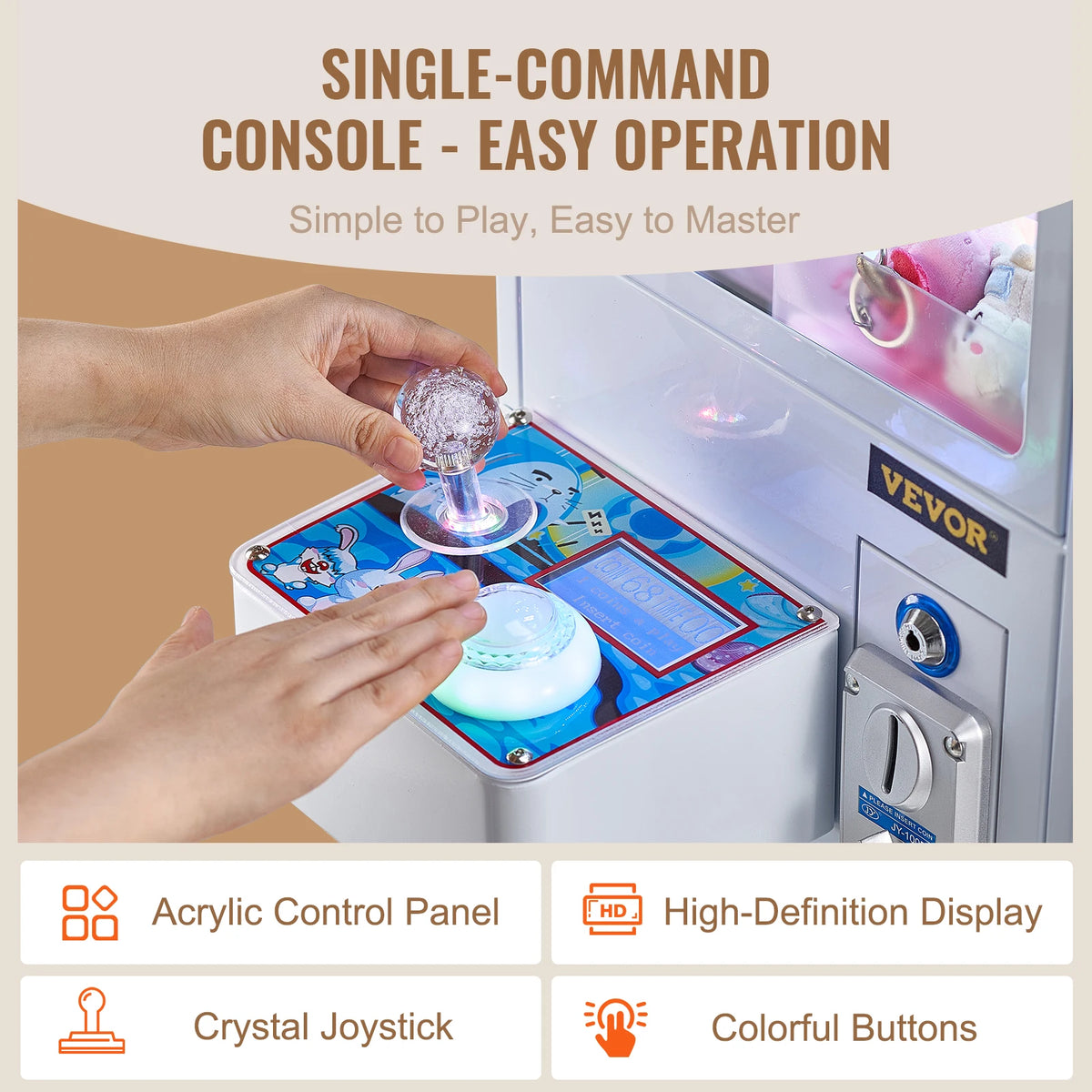 Claw machine arcade game by VEVOR with blue control panel and hand grabbing a prize ball.