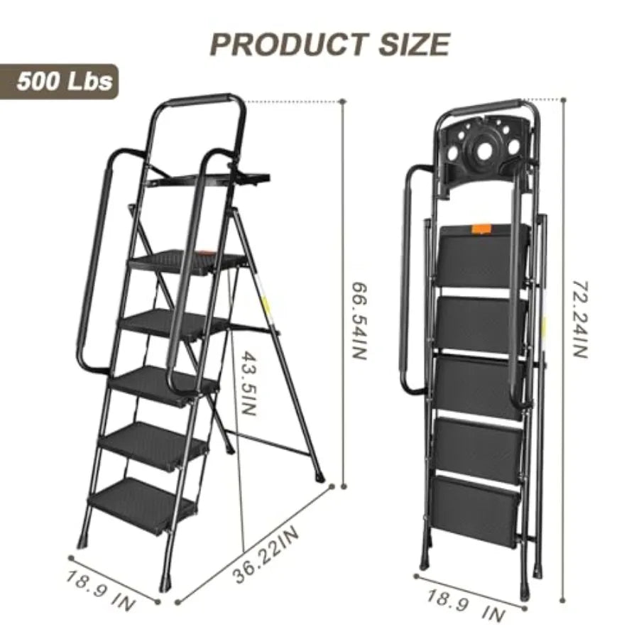 S And B Enterprise folding step ladder with tool platform, 500 lb capacity, black frame, wide anti-slip pedals