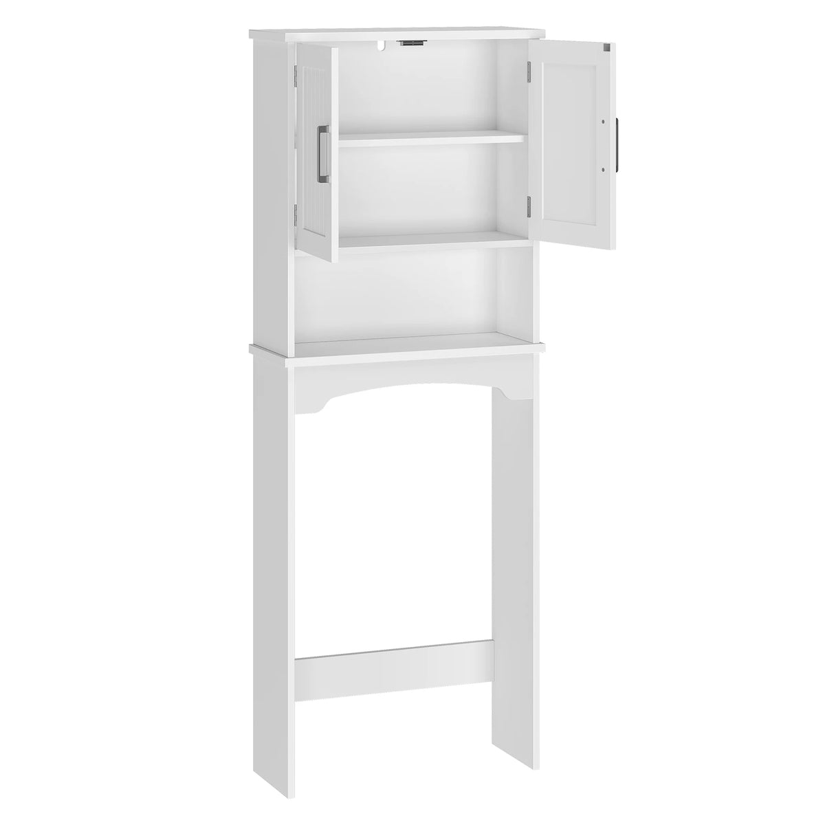 White over-the-toilet bathroom storage cabinet with double doors, anti-tip device, and open shelf by S And B Enterprise