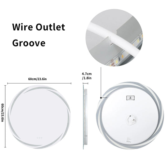 Circular LED bathroom mirror by S And B Enterprise; anti-fog, backlit, shatterproof, wall-mounted, 3 light colors.