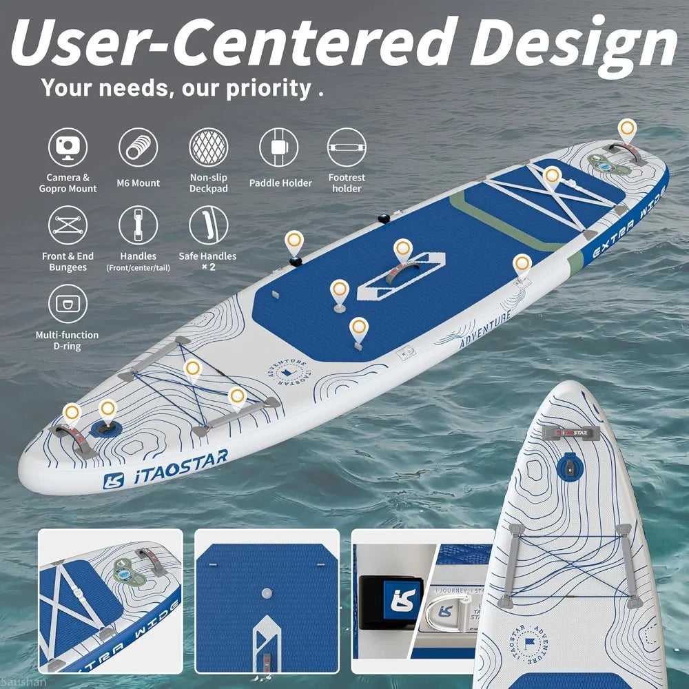 Inflatable stand up paddle board, 12x35x39 in, extra wide blue and white with 5 fins.