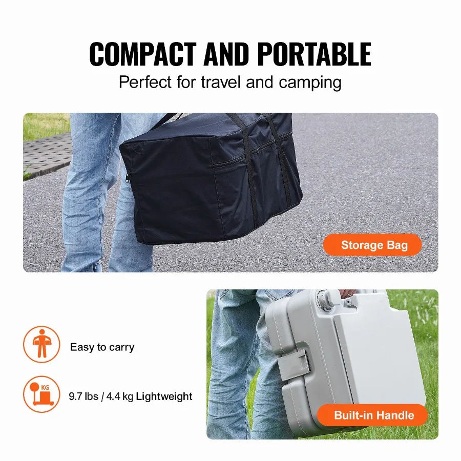 Portable camping toilet with built-in handle; 3.2 gal waste tank and storage bag by S And B Enterprise