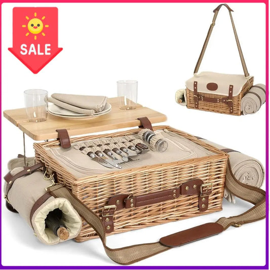 Double-Layered Wicker Picnic Basket With Insulated Liners And Portable Table