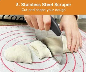 Stainless steel bench scraper cutting dough with hands on a floured silicone mat with circular guides.