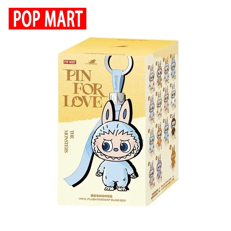 Pin for Love vinyl plush pendant blind box by Pop Mart, featuring a blue bunny-costumed character.