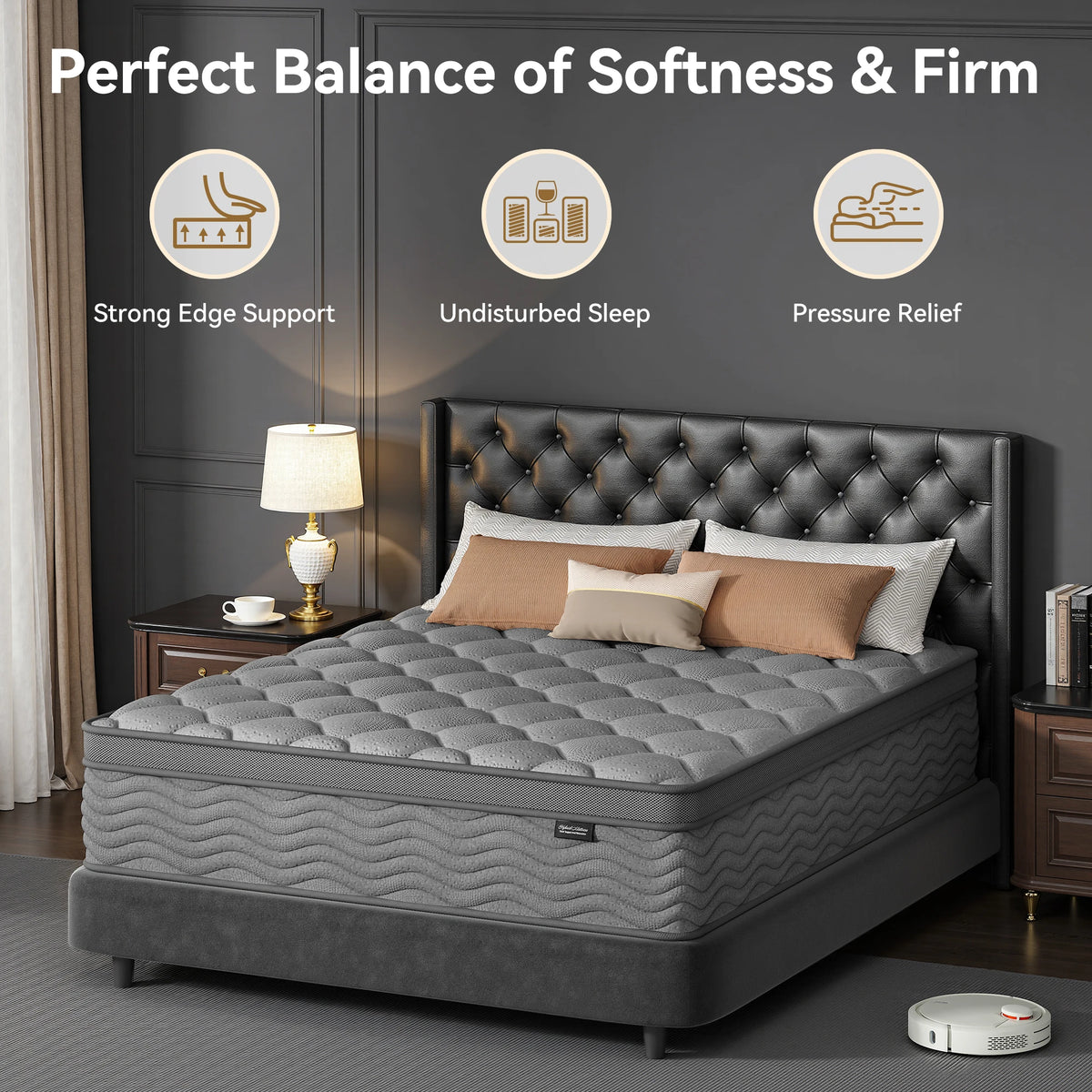 S And B Enterprise twin-size hybrid mattress (8–10 inch) in gray with tufted cover on a dark upholstered bed
