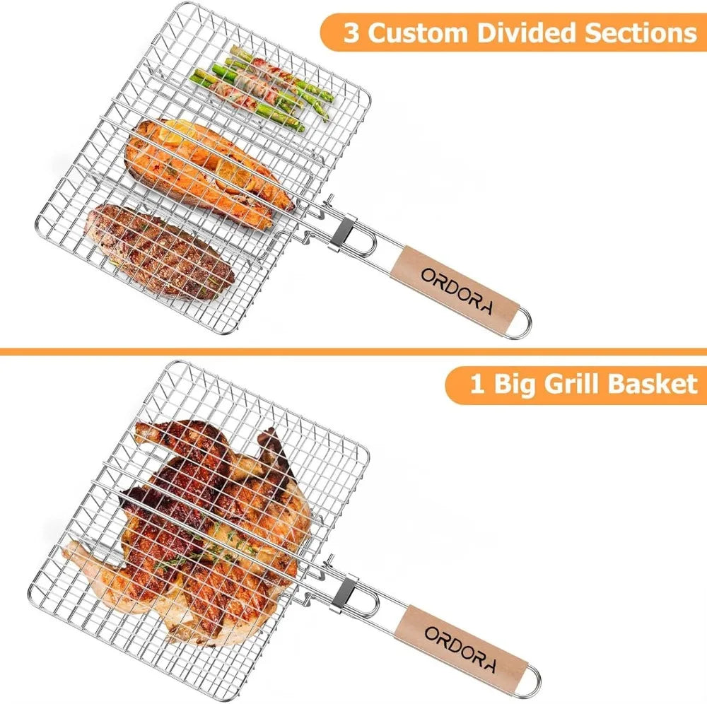 BBQ grilling basket by S And B Enterprise, deep stainless steel with detachable wooden handle and 3 divided sections