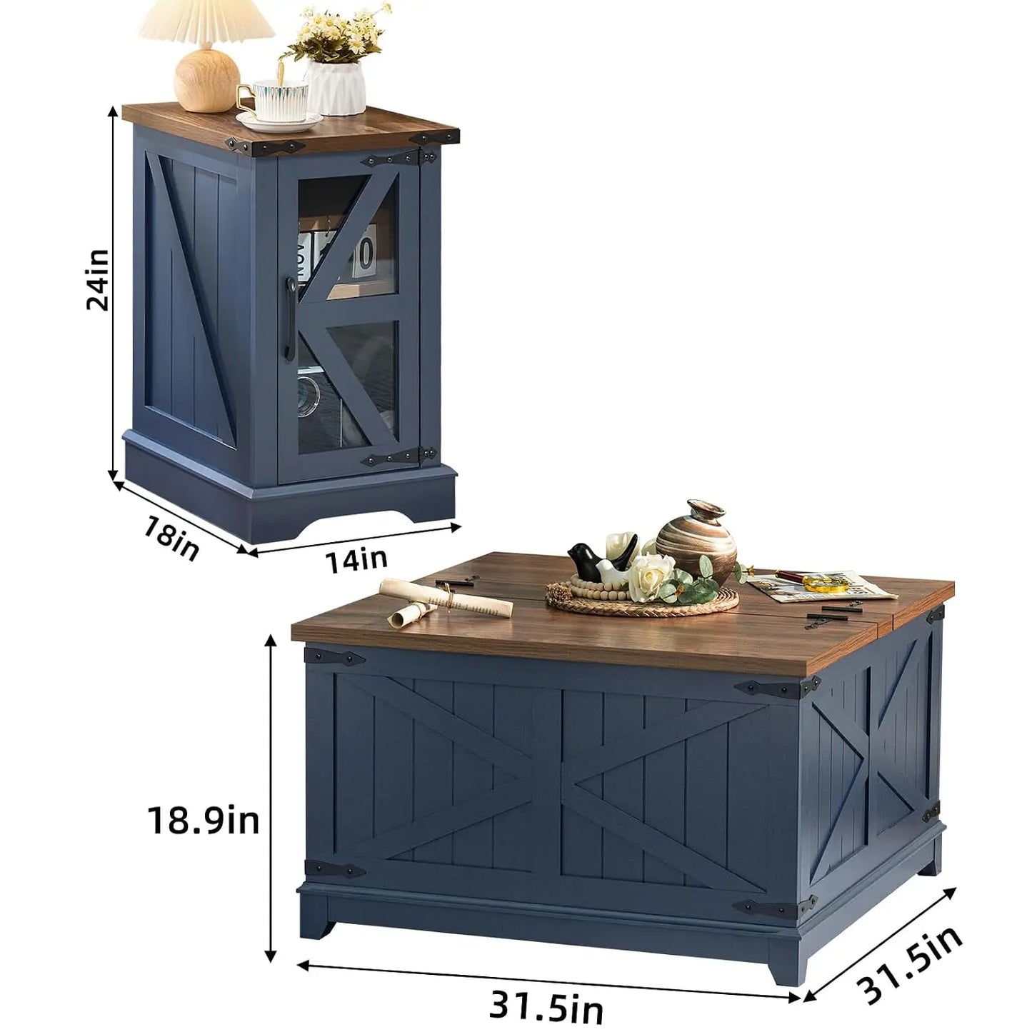 Farmhouse Coffee Table Set of 3 with Glass Barn Door Storage & Hidden Organizer for Living Room & Office, Blue, Custom by S And B Enterprise