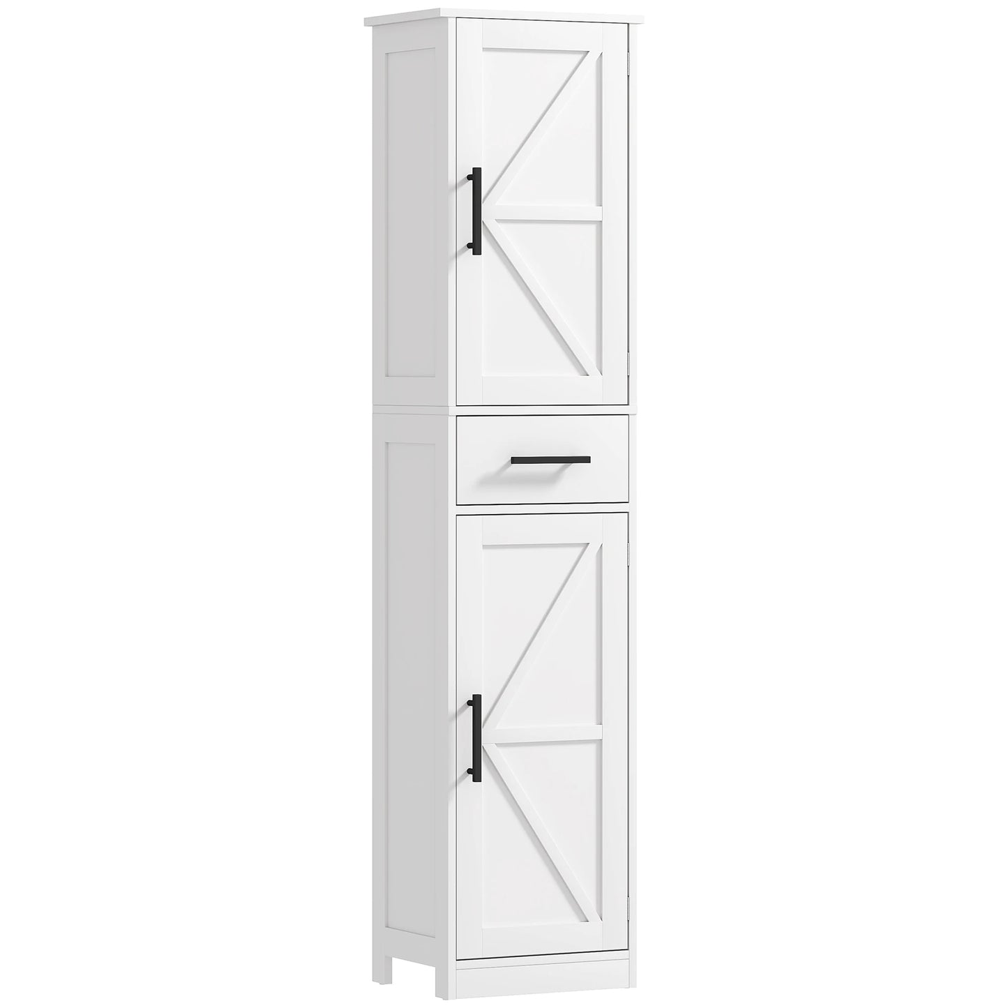 Homcom 67-inch tall white bathroom storage cabinet with barn doors and drawer