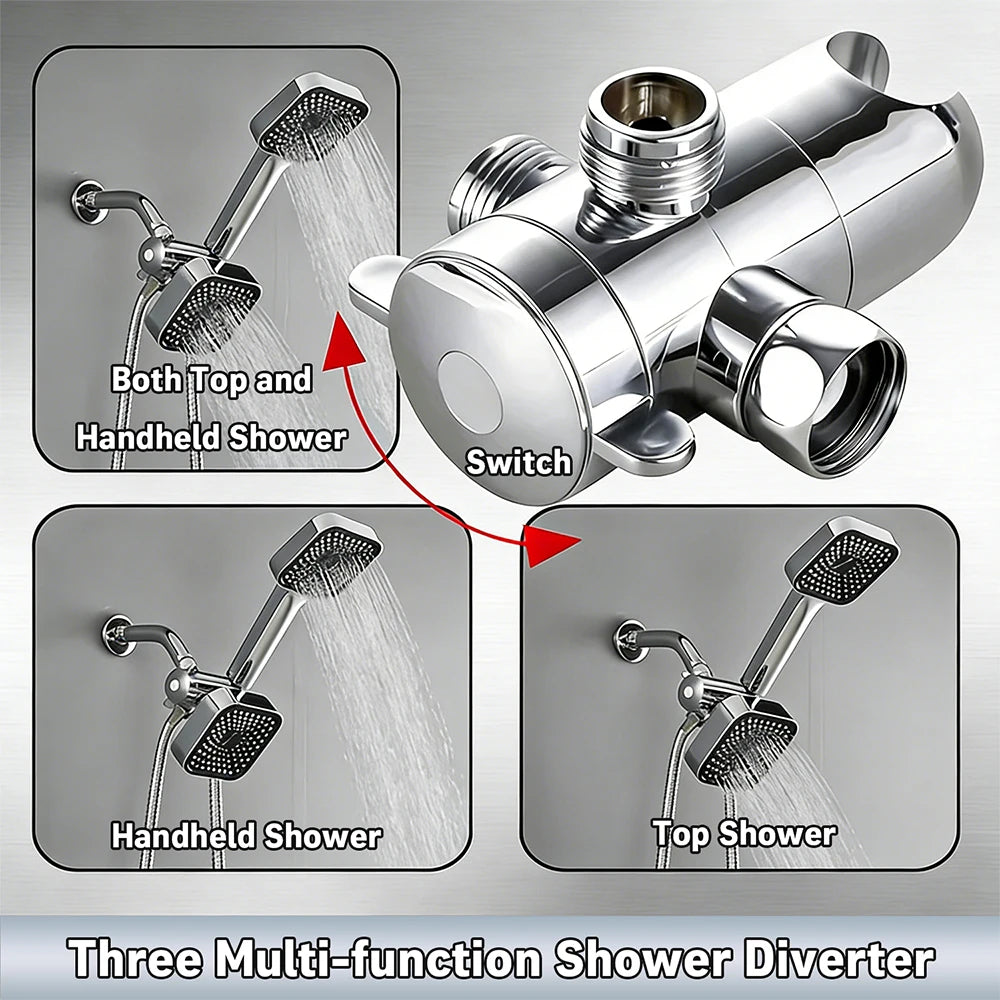 Three-way shower diverter with handheld and overhead shower heads, chrome ABS wall-mounted unit with long hose.