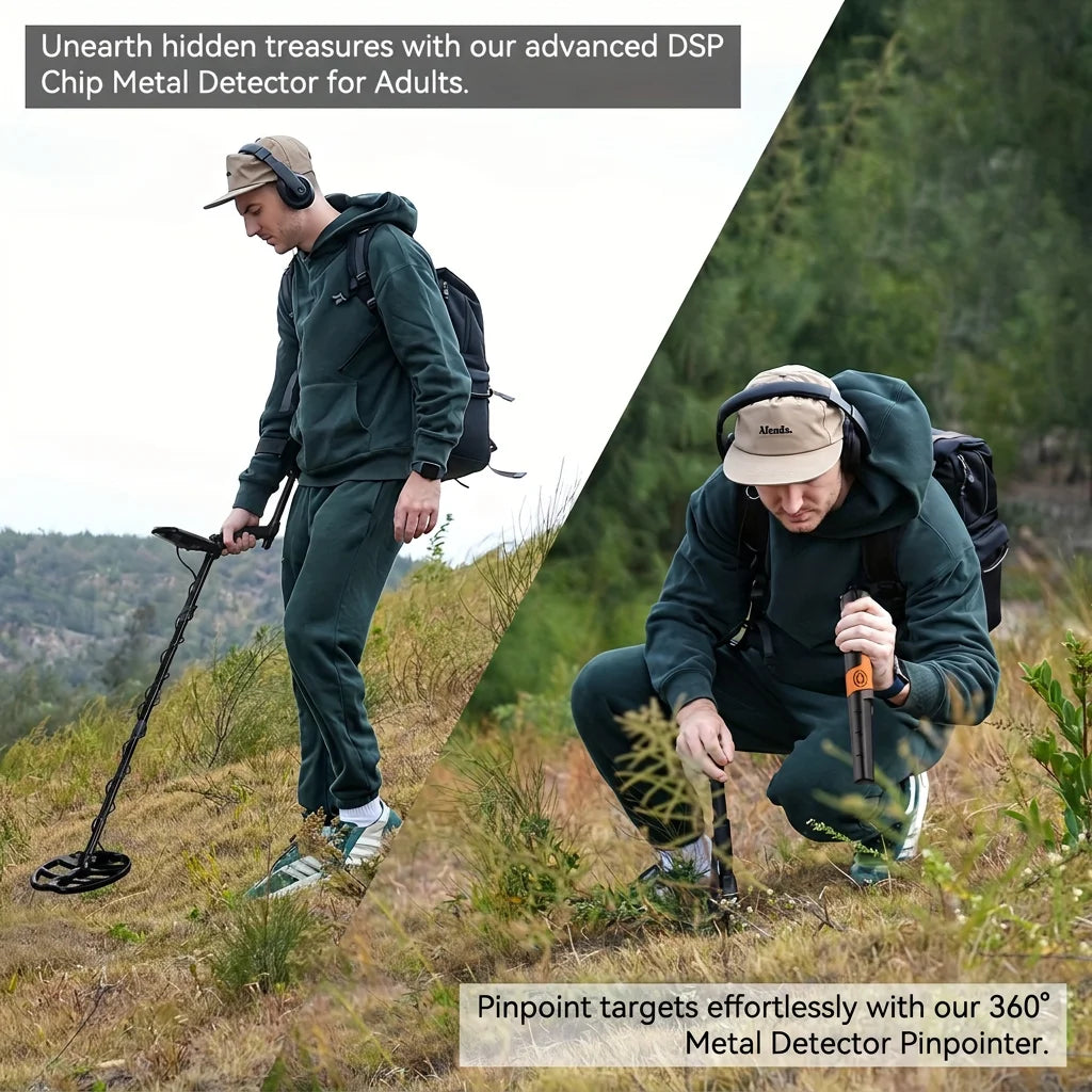 SUNPOW metal detector kit with pinpointer; adult in green outdoors using a 10in IP68 coil