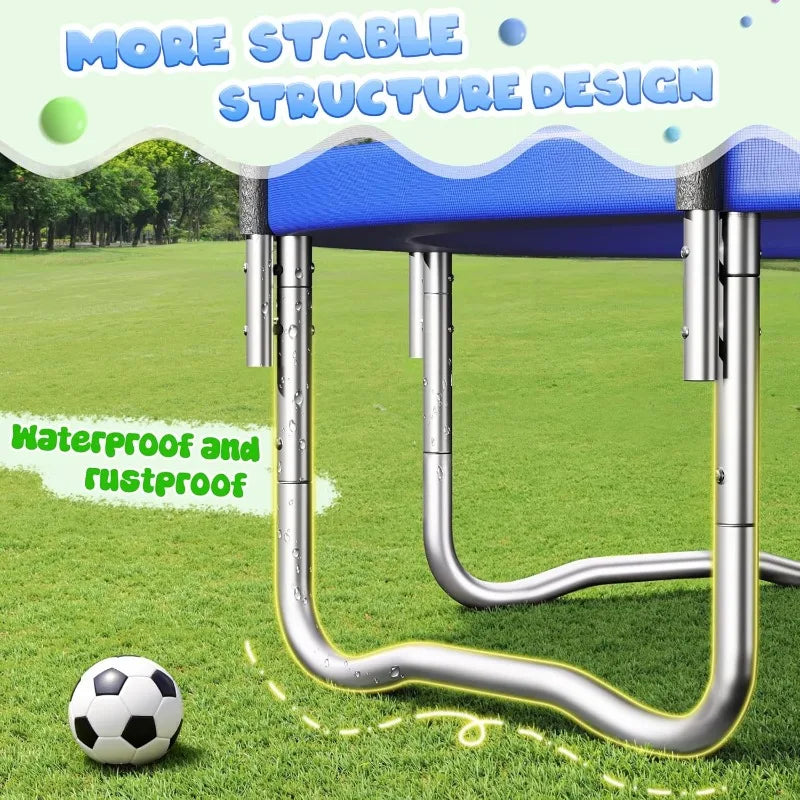 JELENS outdoor trampoline 8–15 ft with enclosure net; rustproof steel frame and blue padding