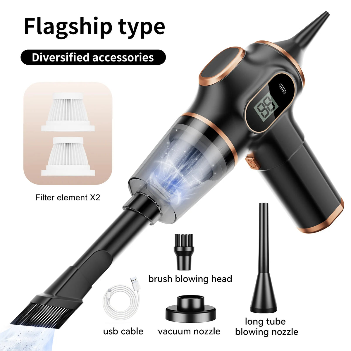 S And B Enterprise ABS wireless car vacuum cleaner, black with copper trim and display; includes 2 filter elements