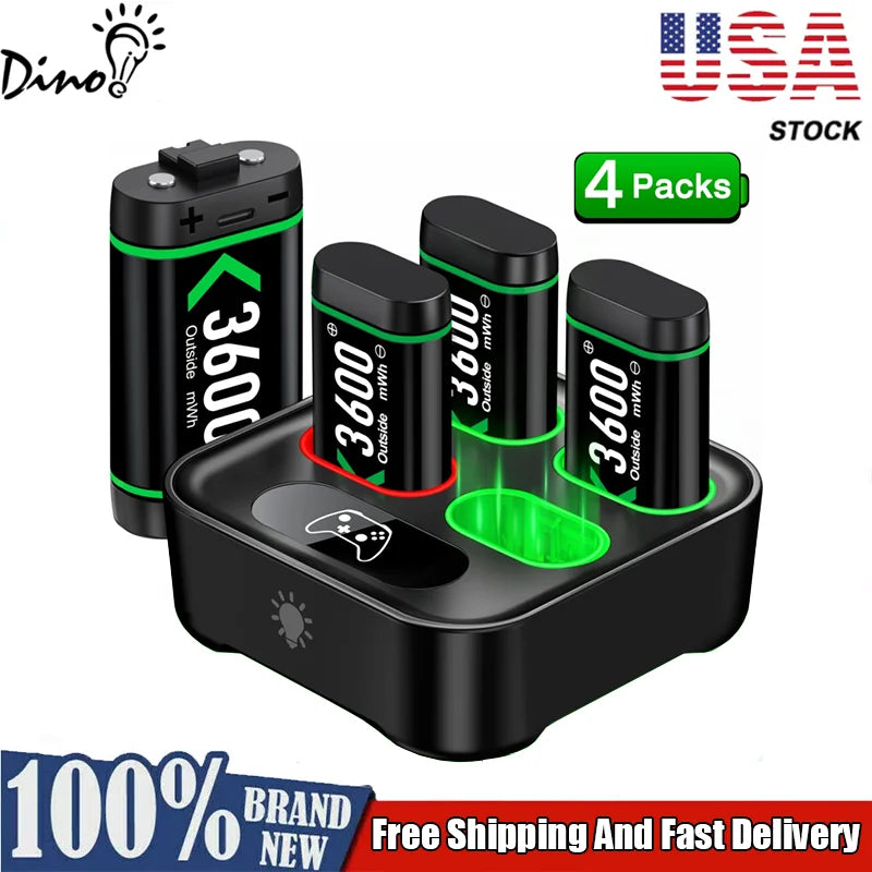 Rechargeable Xbox controller battery packs, 4-pack of 3600mWh each, black with green accents, for Xbox One and Series X|S.