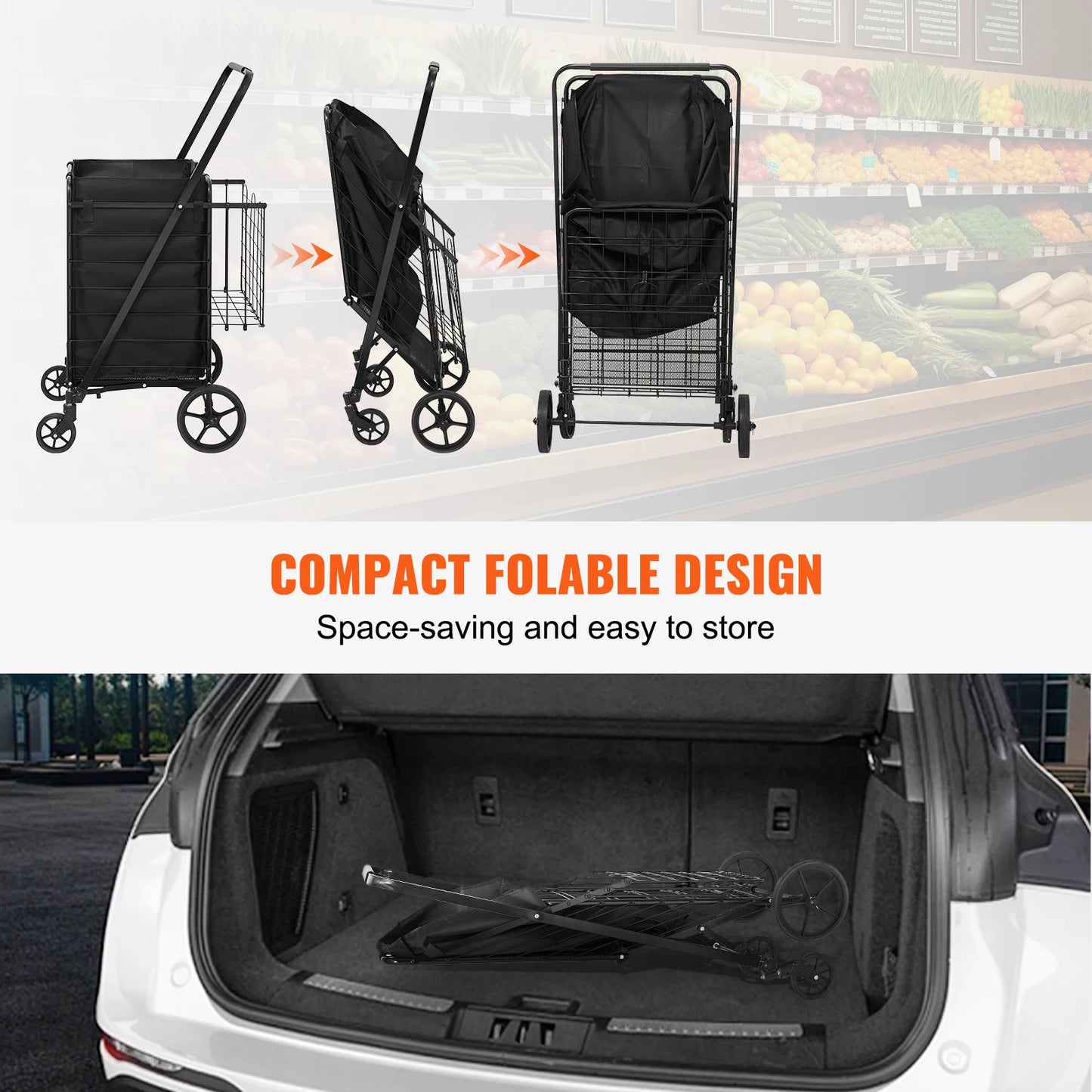 SucceBuy Folding Shopping Cart With Waterproof Liner And 360 Degree Wheels