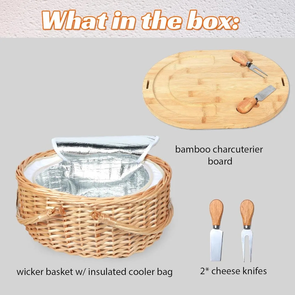 NBVCX Wicker Picnic Basket Set With Charcuterie Boards For Two by S And B Enterprise