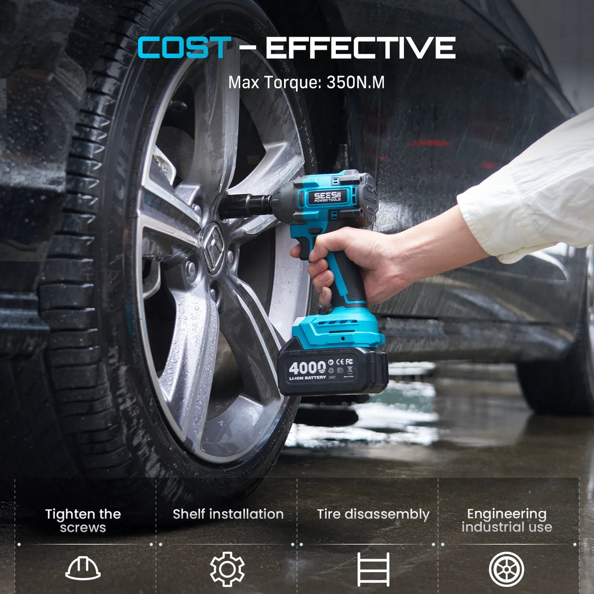 Seesii 3-in-1 cordless tool kit with blue body and 4.0Ah battery used as impact wrench on car wheel.