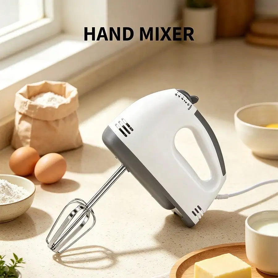 Electric handheld egg beater with white body, gray accents and stainless beaters on a kitchen counter; 5-speed.